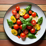 ** A vibrant plate showcasing seasonal vegetables, focusing on summer tomatoes with basil and olive oil. Consider "A beautifully arranged plate of summer vegetables, ripe tomatoes with fresh basil and olive oil, showcasing the concept of seasonal eating."

2.  **